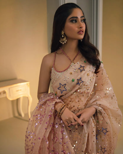 Sajal Ali - Silver Peach Embellished Organza Sari | 70% OFF