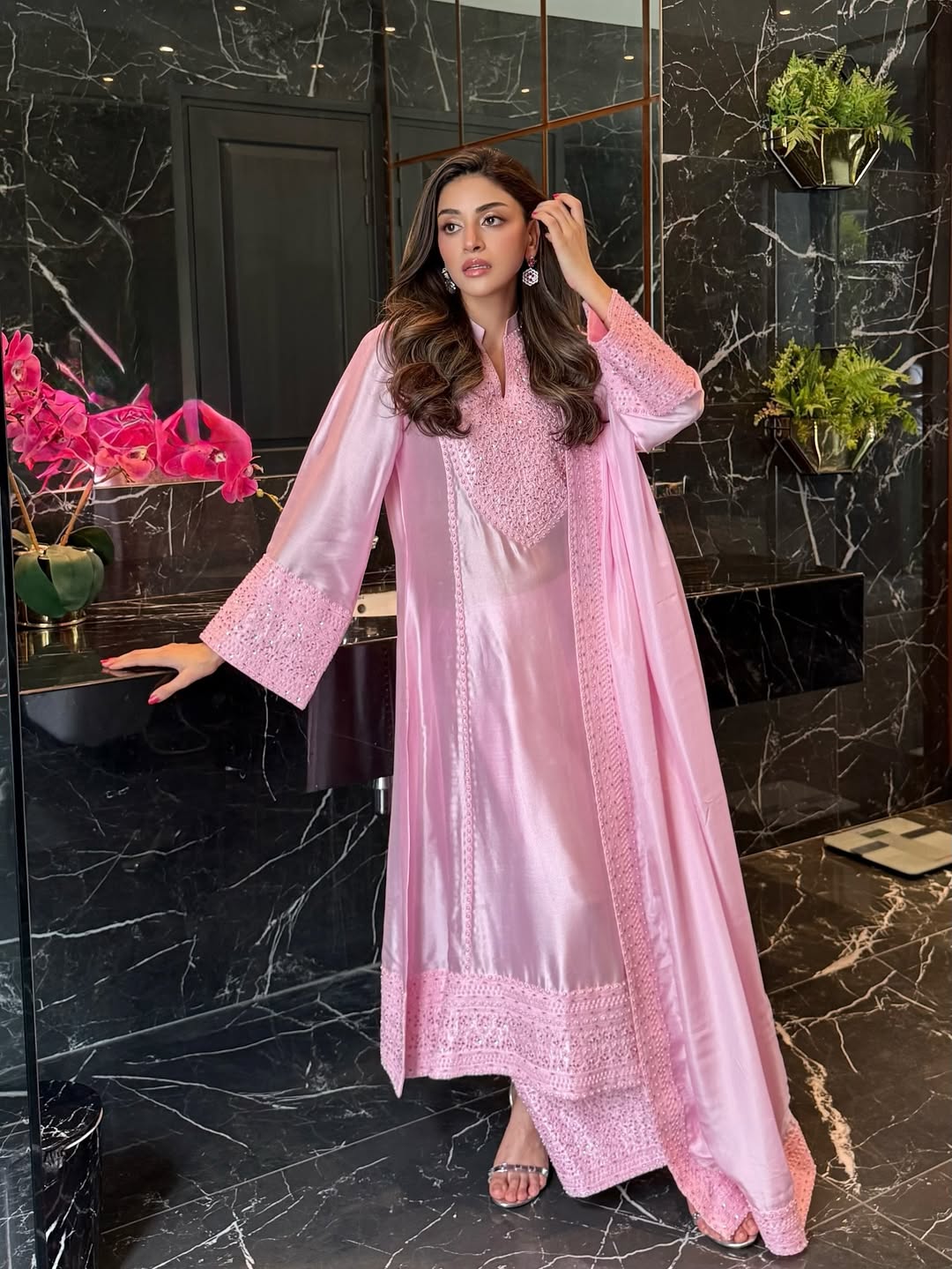 Anmol Baloch Pink Silk Shirt, Trouser with Dupatta | 40% OFF | Reshmi Shirt