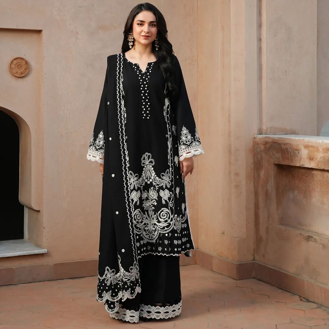 Yumna Zaidi - Black Raw Long Shirt, Trouser and Duaptta set | 50% OFF