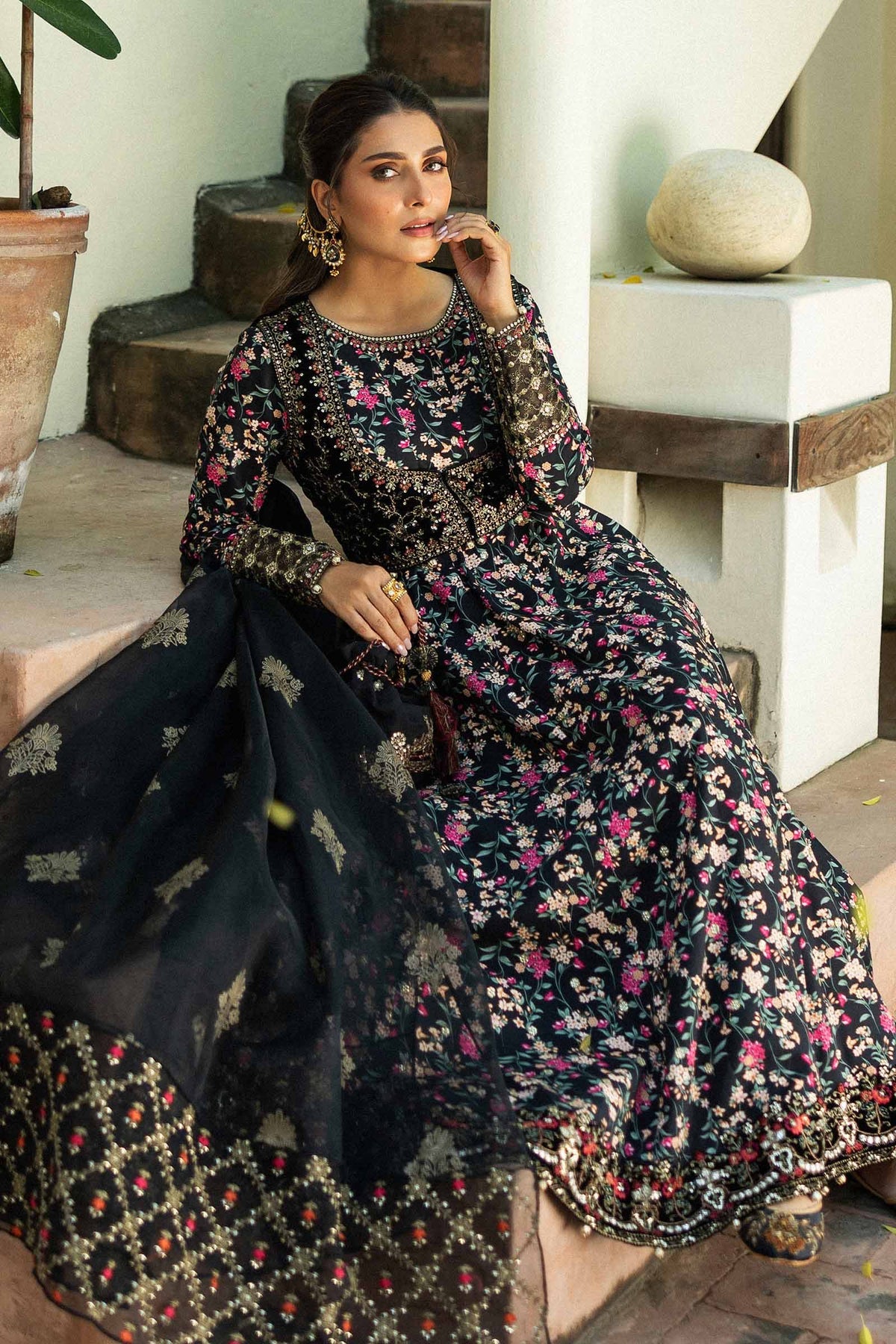 Ayeza Khan -  Black Linen Koti, Long Shirt, Trouser and Dupatta set | 50% OFF