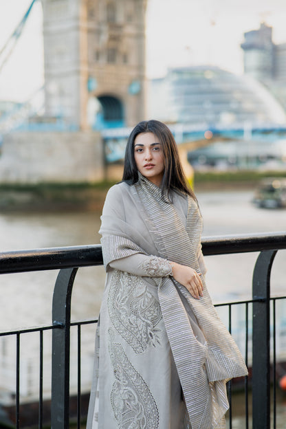 Sarah Khan - Cloe Grey Long Shirt, Trouser and Dupatta | 60% OFF