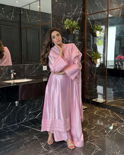 Anmol Baloch Pink Silk Shirt, Trouser with Dupatta | 40% OFF | Reshmi Shirt