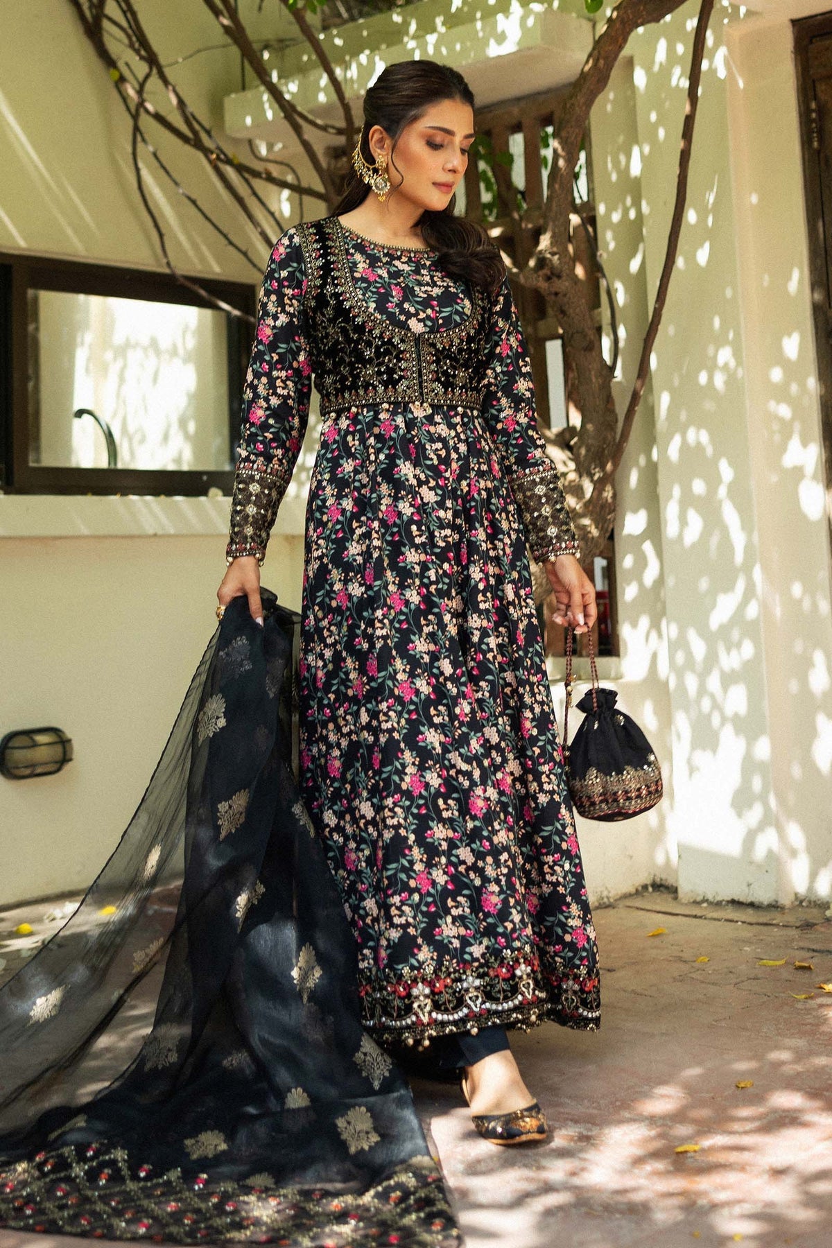 Ayeza Khan -  Black Linen Koti, Long Shirt, Trouser and Dupatta set | 50% OFF