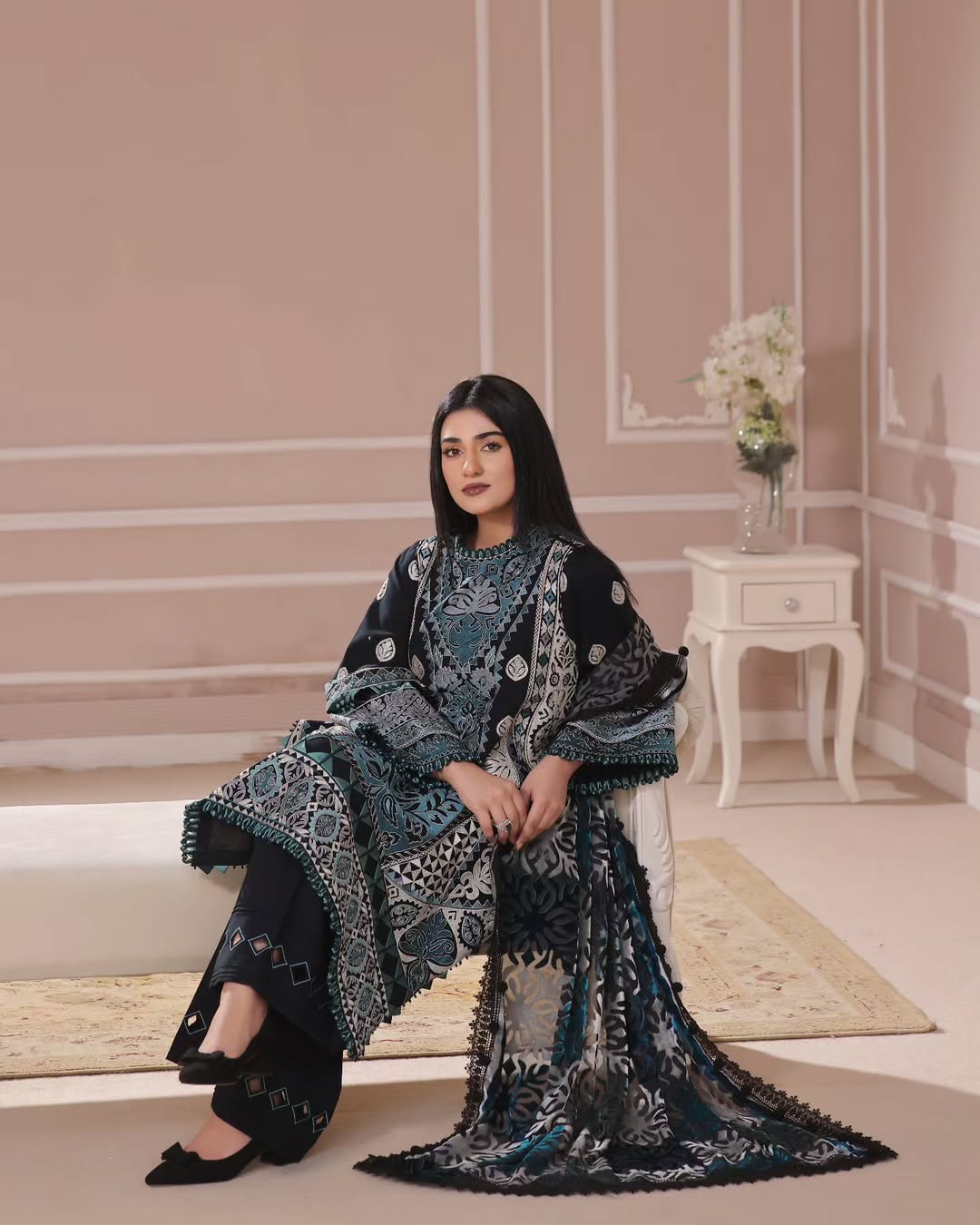 Sarah Khan - Cloe Black Long Shirt, Trouser and Duaptta set | 30% OFF