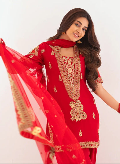 Anmol Baloch - Red Raw Silk Shirt, Trouser and Dupatta Outfit | Reshmi Shirt | 50% OFF | COD