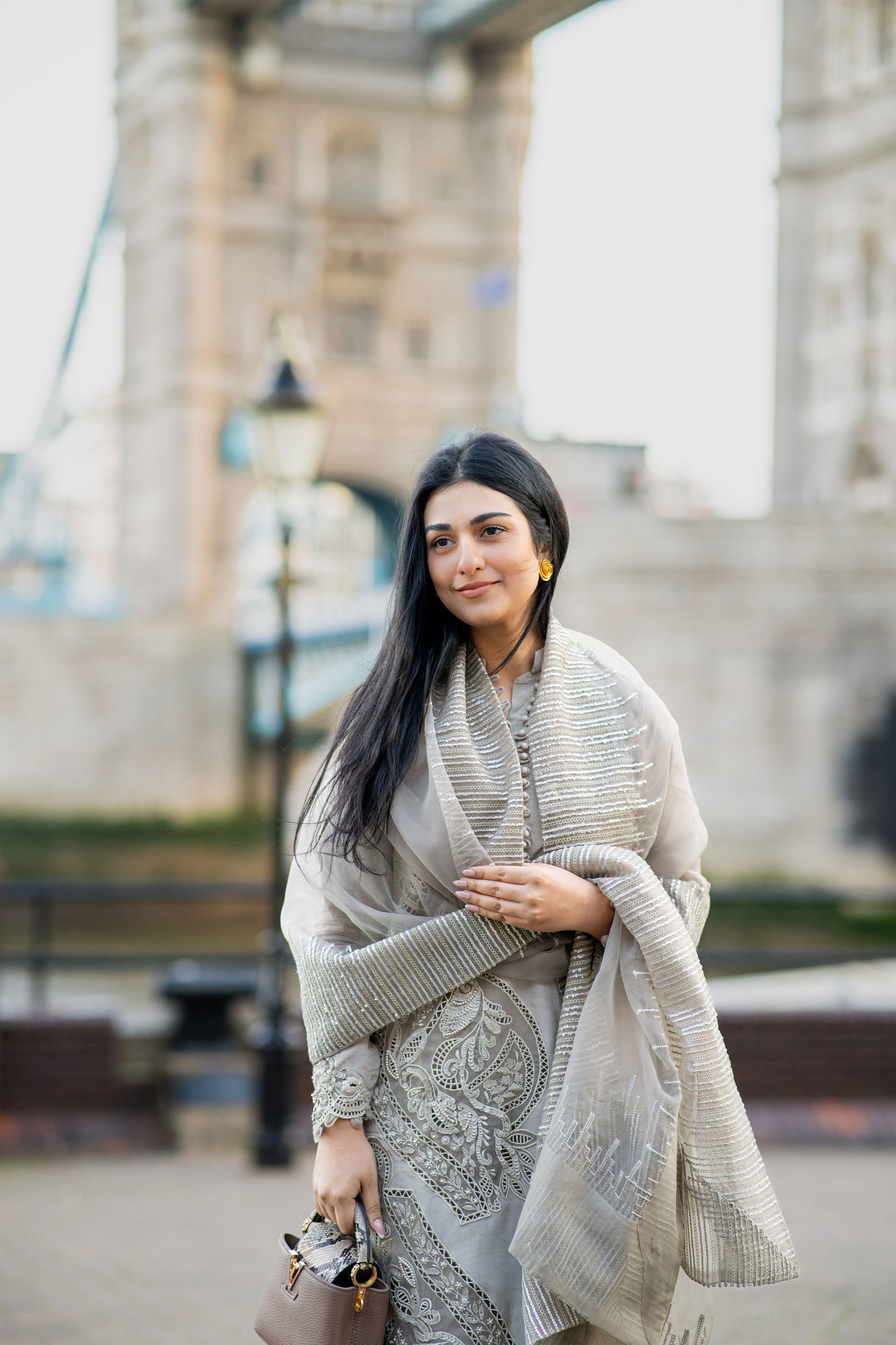 Sarah Khan - Cloe Grey Long Shirt, Trouser and Dupatta | 60% OFF