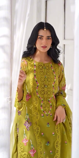 Sarah Khan - Classic Yellow Long Shirt, Trouser and Duaptta set | 45% OFF