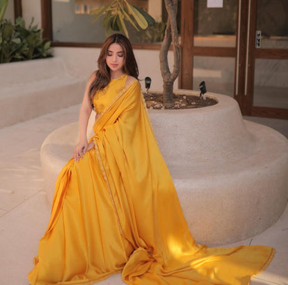 Saboor Ali Luxury Yellow Sari | 50% OFF