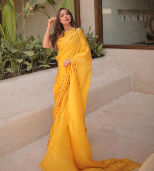 Saboor Ali Luxury Yellow Sari | 50% OFF