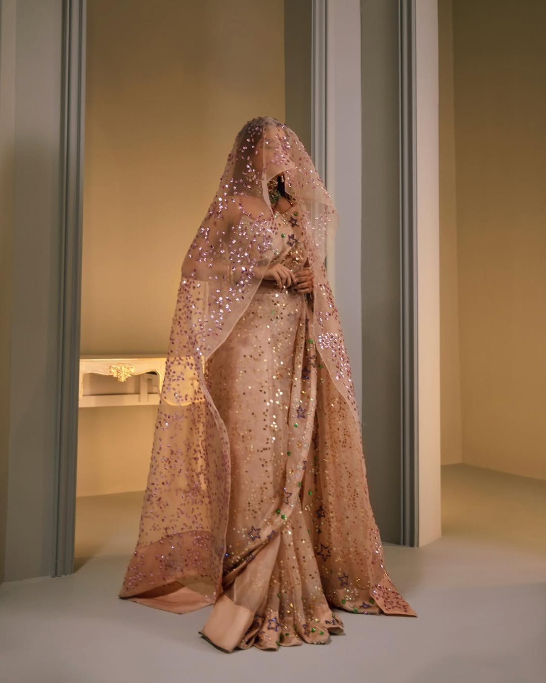 Sajal Ali - Silver Peach Embellished Organza Sari | 70% OFF