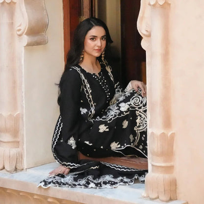 Yumna Zaidi - Black Raw Long Shirt, Trouser and Duaptta set | 50% OFF