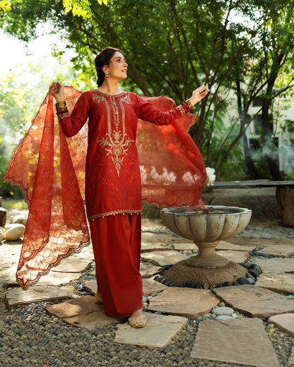 Ayeza Khan - Red Shirt, Trouser and Dupatta dress | 45% OFF