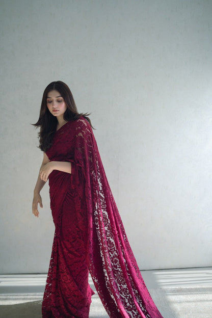 Durefishan Saleem Maroon Saree Stitched | 40% OFF | COD