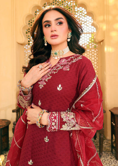 Hira Mani - Embroidered Rose Red Shirt, Ghagra and Dupatta Set  | 42% OFF