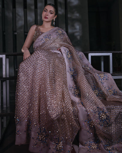 Hania Aamir - Silver Grey Embellished Organza Sari | Cash On Delivery | 60% OFF