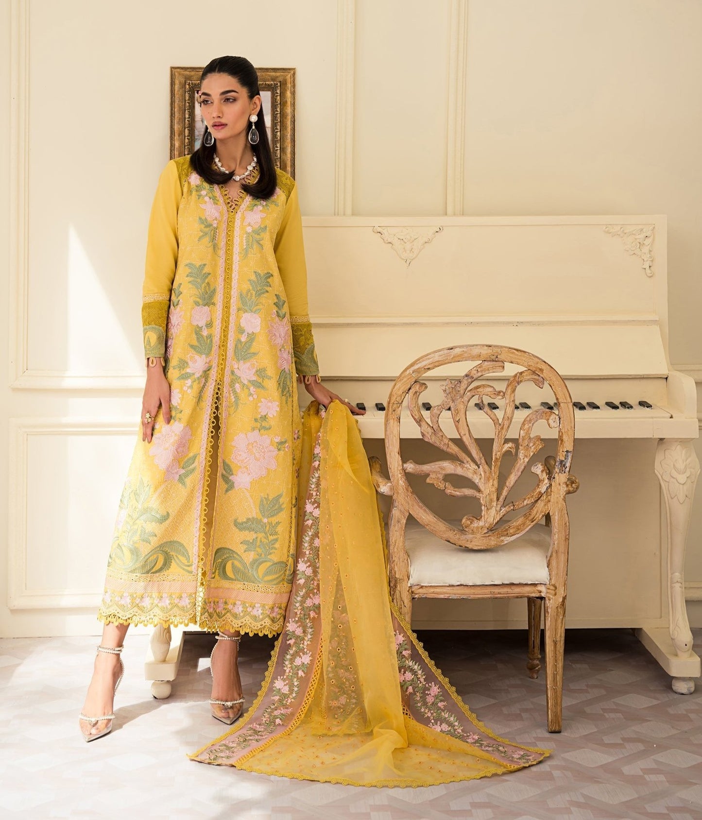 Naeema Butt Yellow floral viscose Shirt, Trouser and Dupatta set | 55% OFF