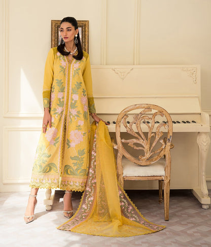 Naeema Butt Yellow floral viscose Shirt, Trouser and Dupatta set | 55% OFF