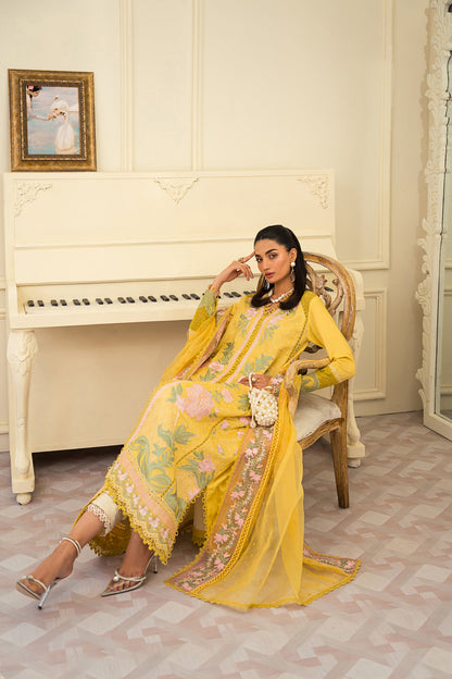 Naeema Butt Yellow floral viscose Shirt, Trouser and Dupatta set | 55% OFF