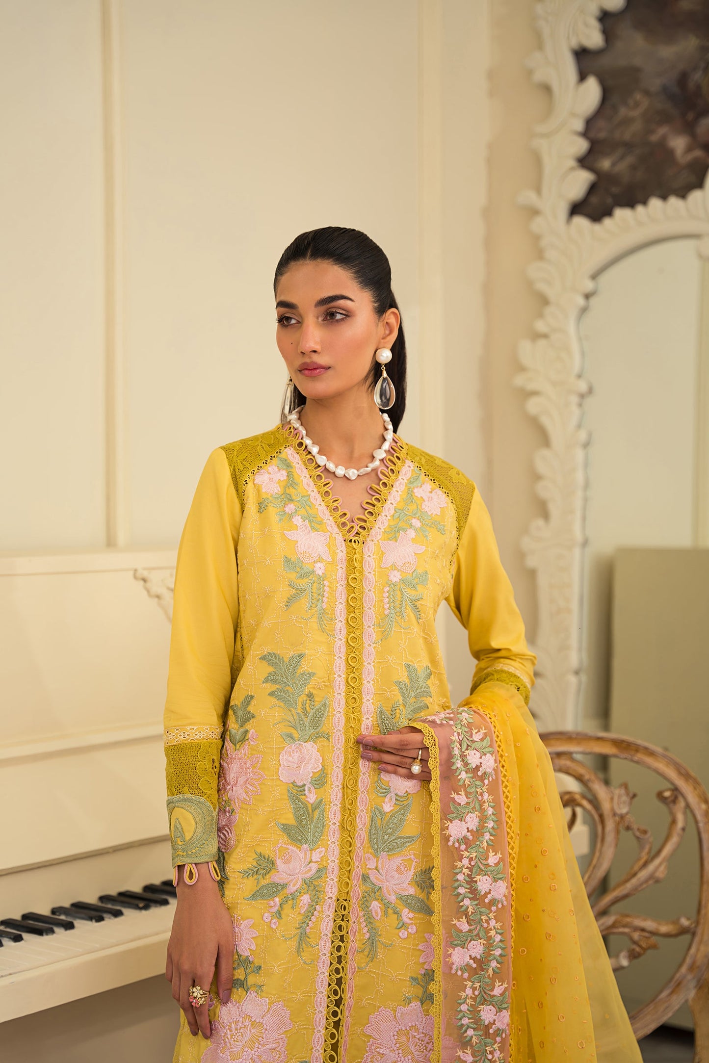 Naeema Butt Yellow floral viscose Shirt, Trouser and Dupatta set | 55% OFF