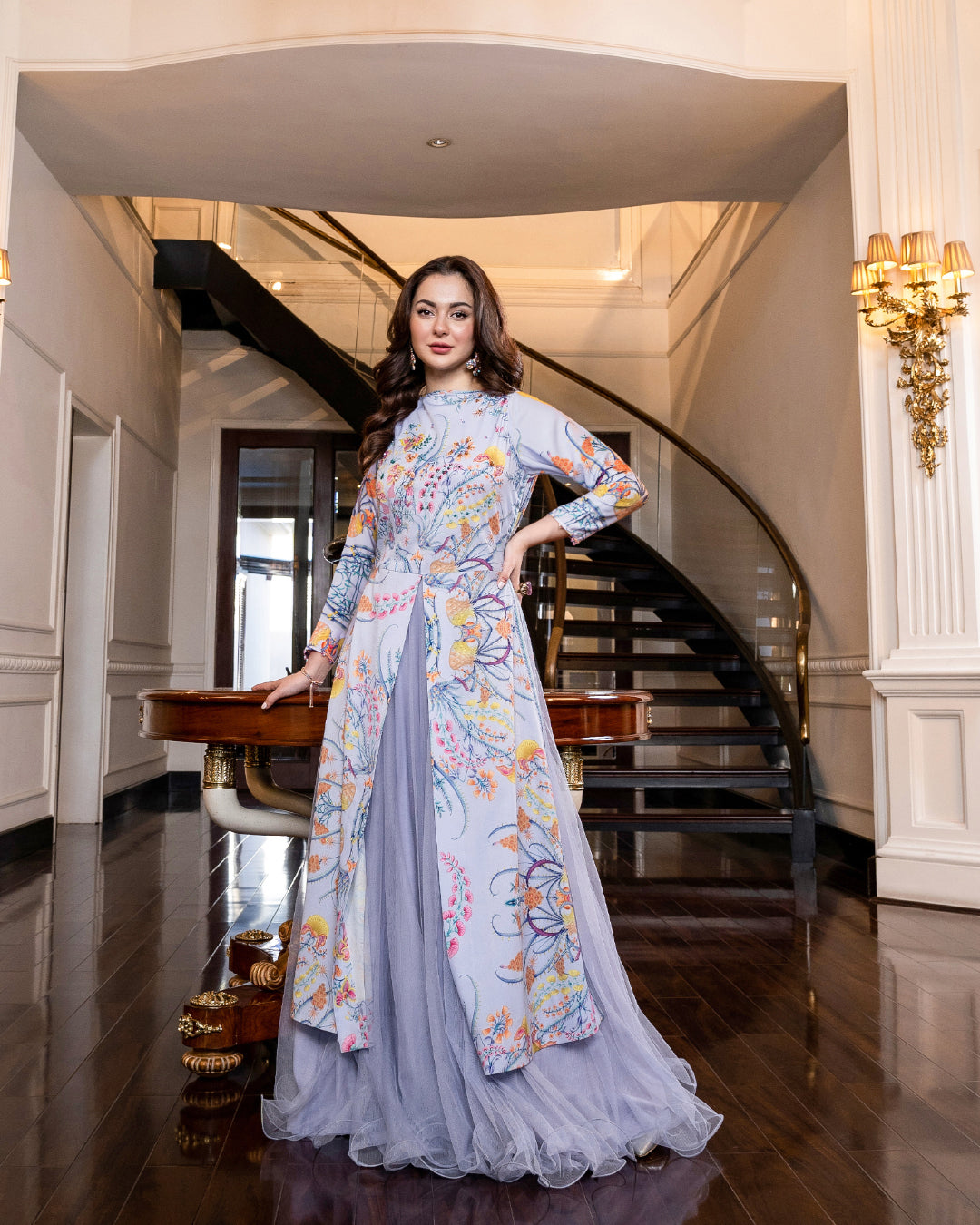 Hania Aamir - Floral Lilac Long Top, Skirt and Dupatta dress | 50% OFF