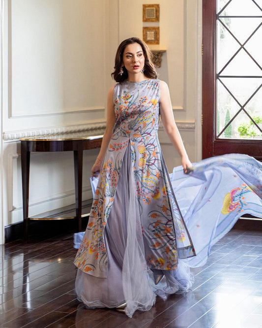 Hania Aamir - Floral Lilac Long Top, Skirt and Dupatta dress | 50% OFF