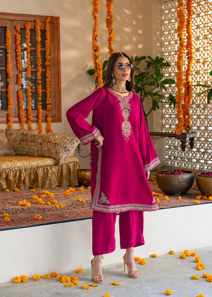 Urwa Hocane Pink Velvet Shirt and Trouser | 40% OFF