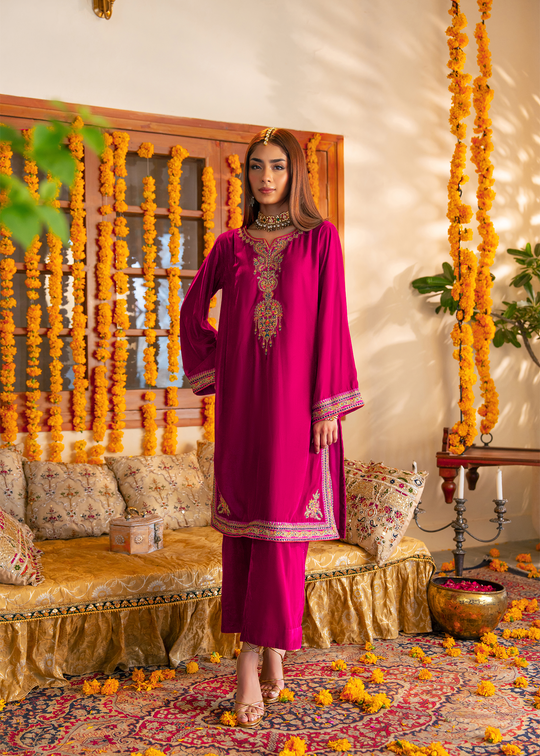 Urwa Hocane Pink Velvet Shirt and Trouser | 40% OFF