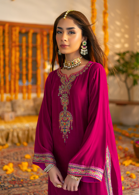 Urwa Hocane Pink Velvet Shirt and Trouser | 40% OFF