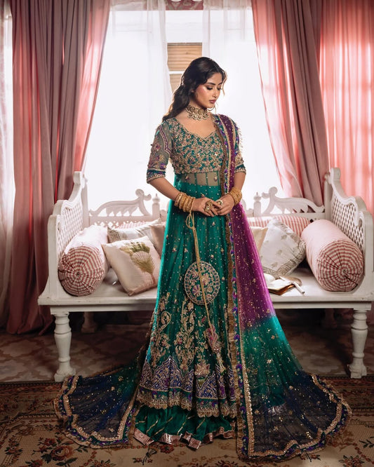 Sajal Ali Sea Green Kalidaar Lehenga with Dupatta | Reshmi Shirt | 65% OFF