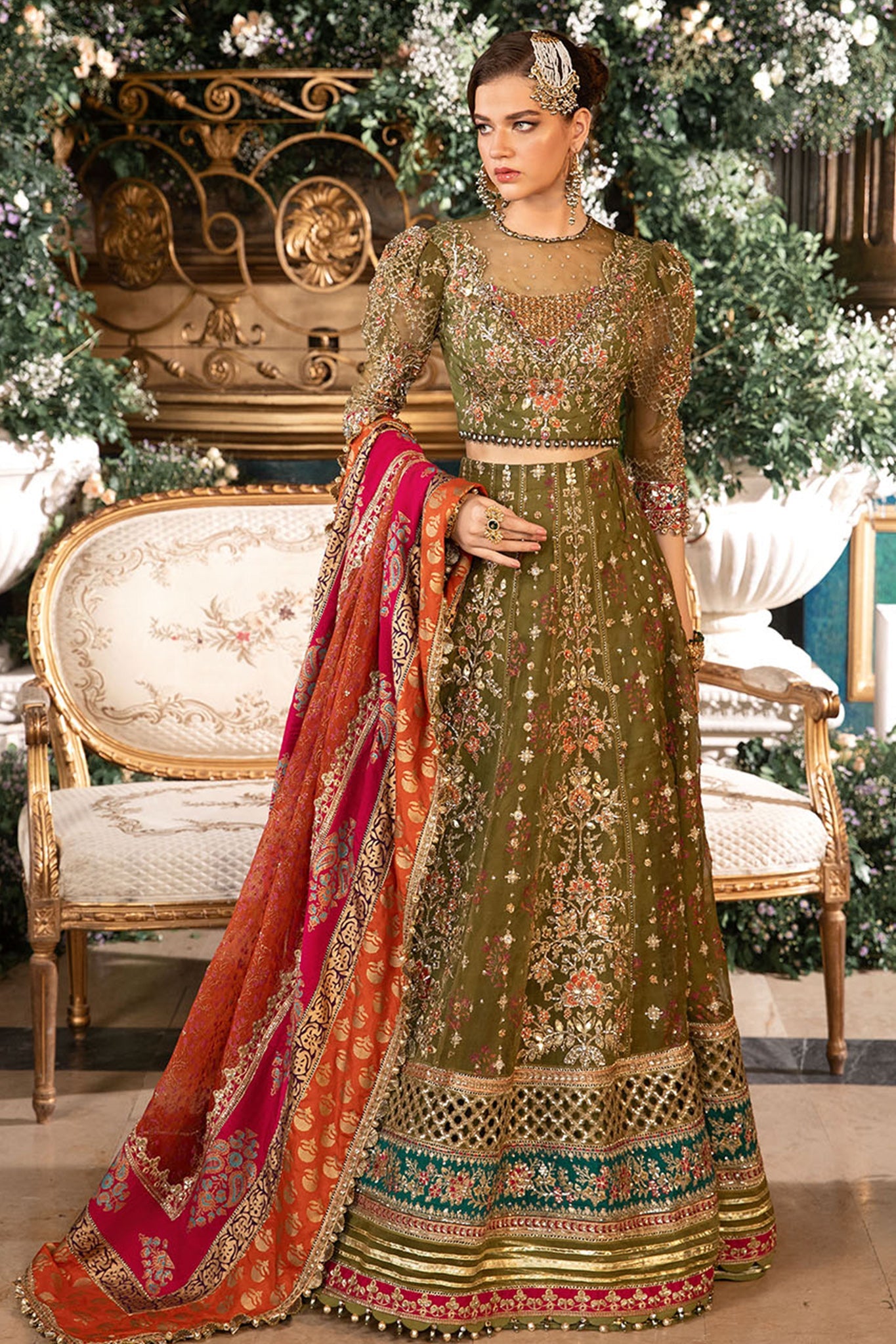 Greenish Embroidered Organza Long Shirt, Flapper and Dupatta set | 42% OFF