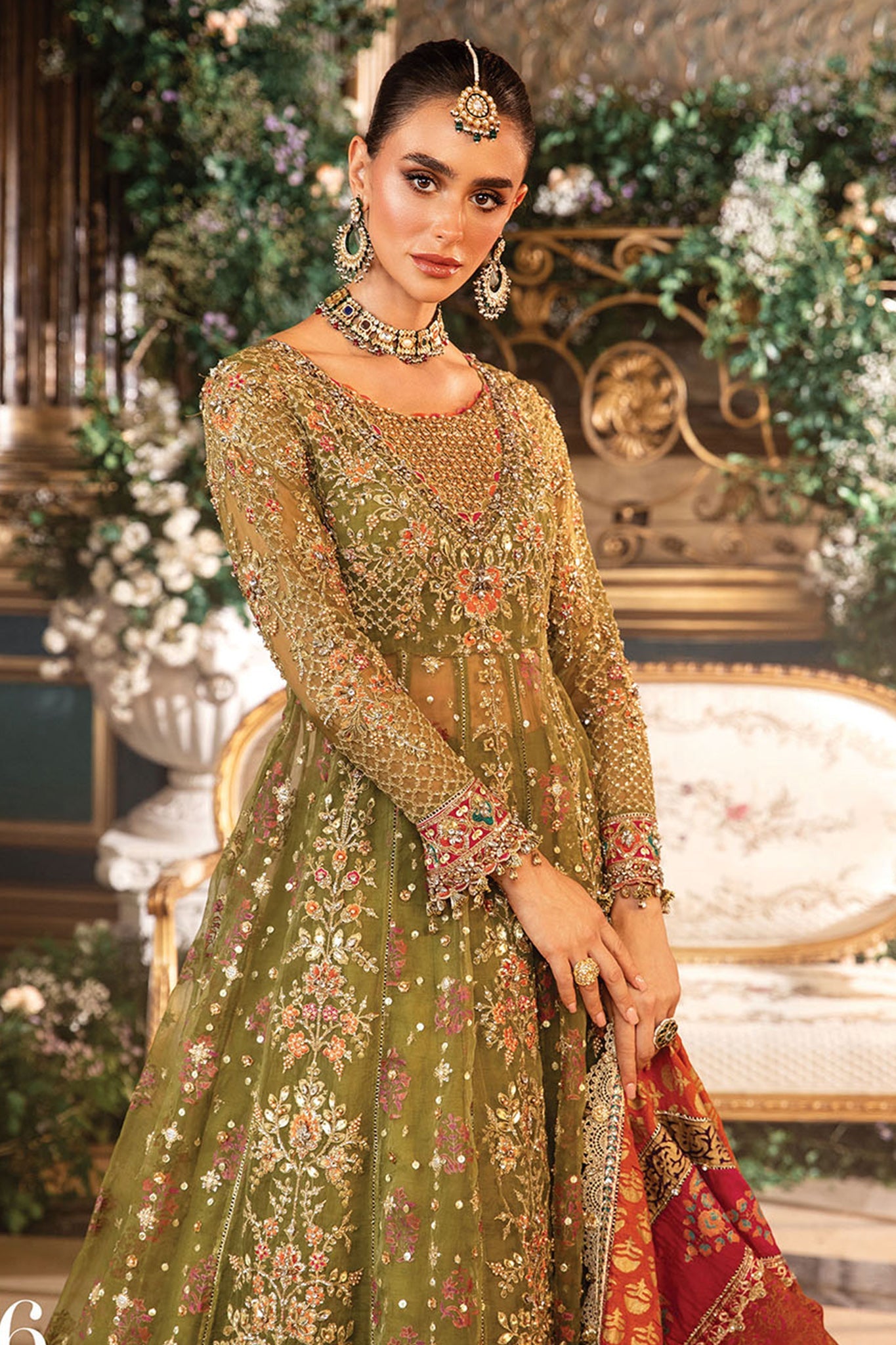 Greenish Embroidered Organza Long Shirt, Flapper and Dupatta set | 42% OFF