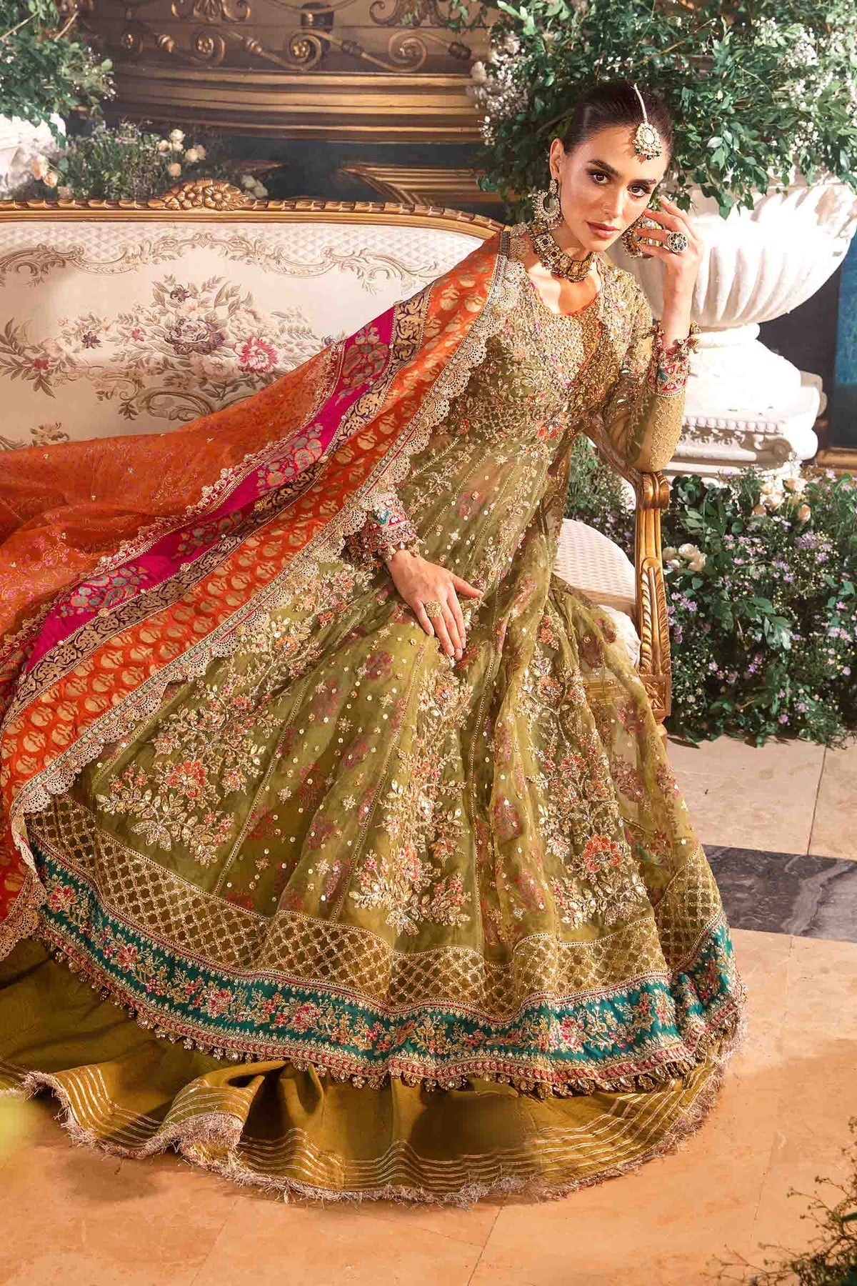 Greenish Embroidered Organza Long Shirt, Flapper and Dupatta set | 42% OFF