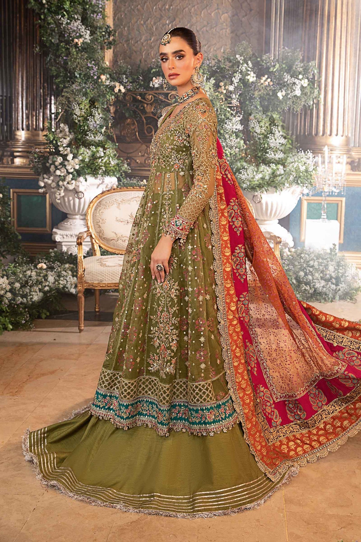 Greenish Embroidered Organza Long Shirt, Flapper and Dupatta set | 42% OFF