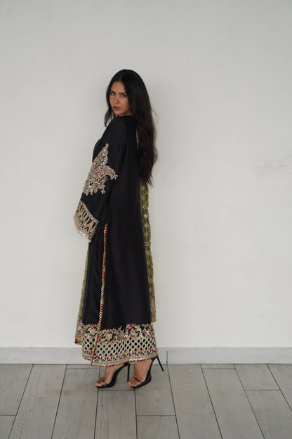 Sonam Bajwa - Black Pure Rawsilk Long Shirt, Trouser and Duaptta set | 50% OFF