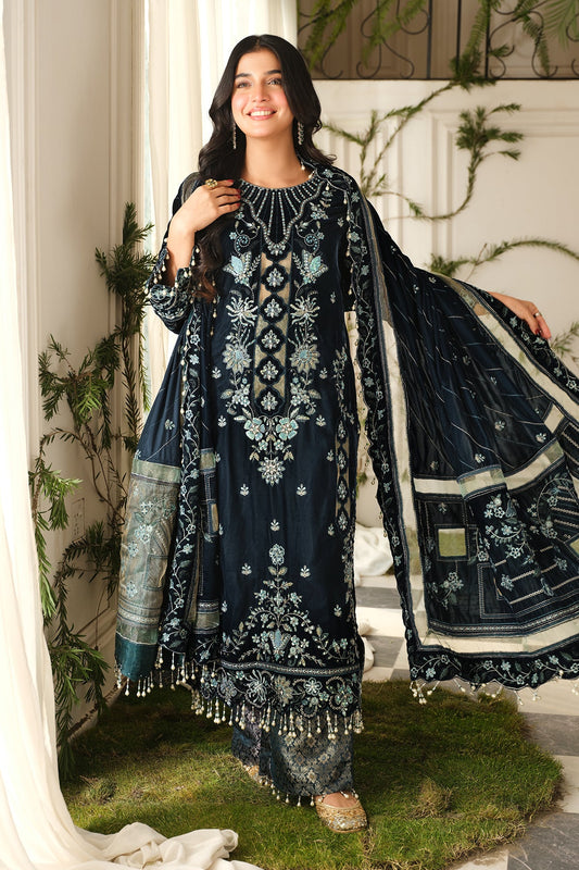 Laiba Khan -  Zeve Velvet Long Shirt, Trouser and Dupatta set | 40% OFF