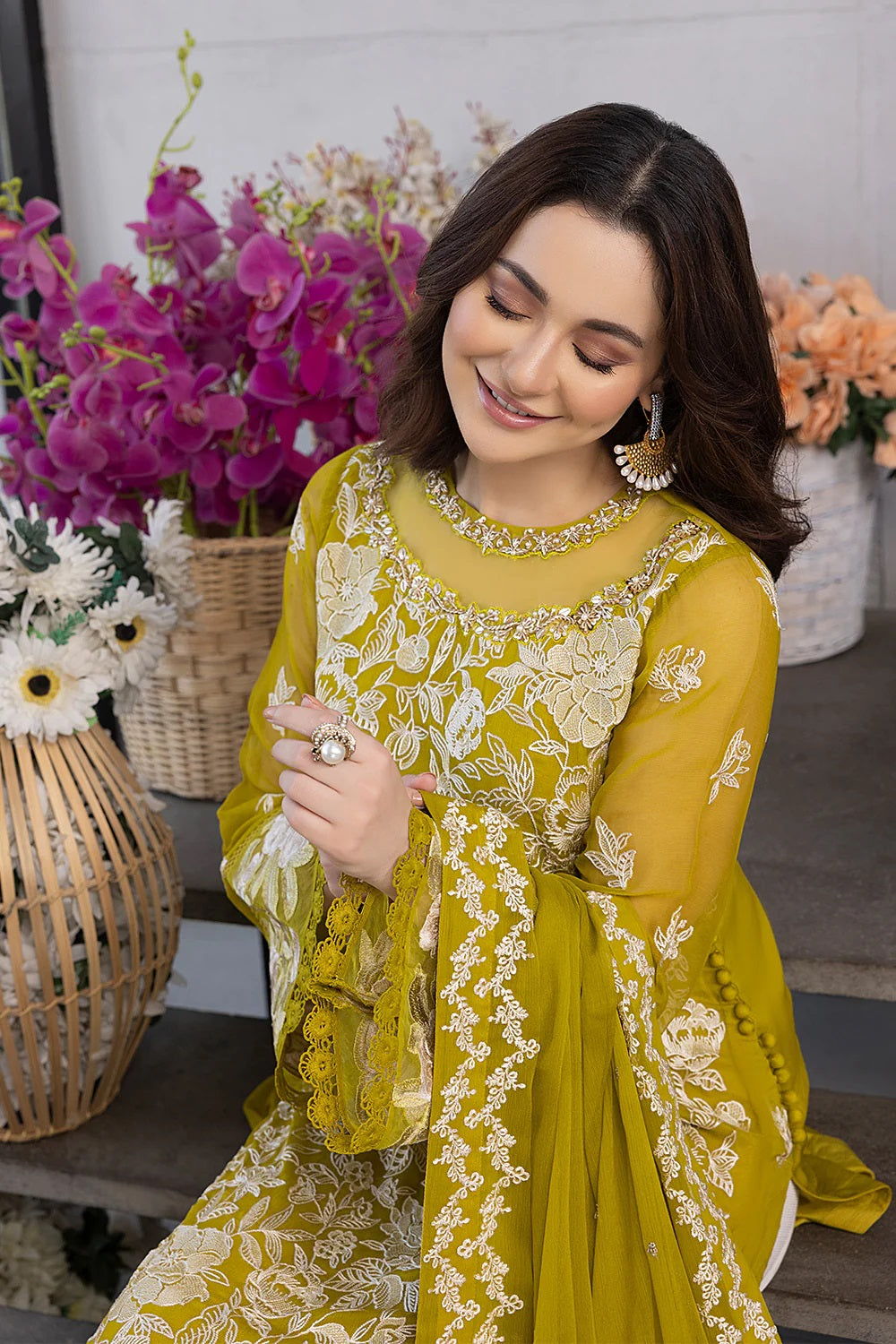 Hania Aamir - Embellished Yellow Shirt, Flapper with Dupatta - COD | 30% OFF