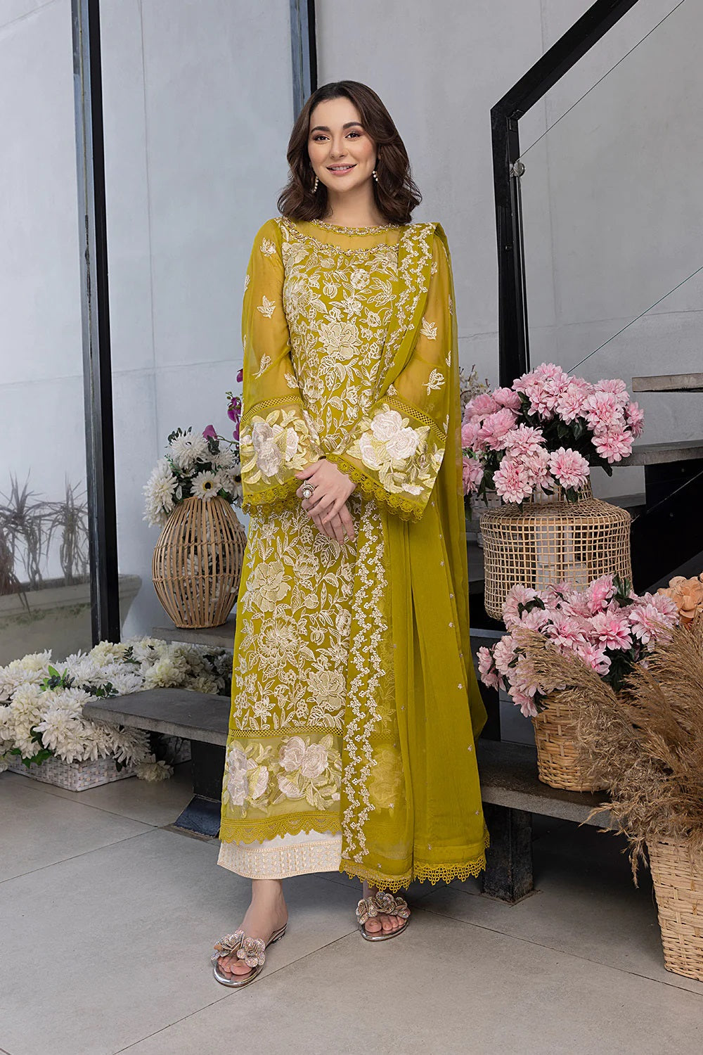 Hania Aamir - Embellished Yellow Shirt, Flapper with Dupatta - COD | 30% OFF