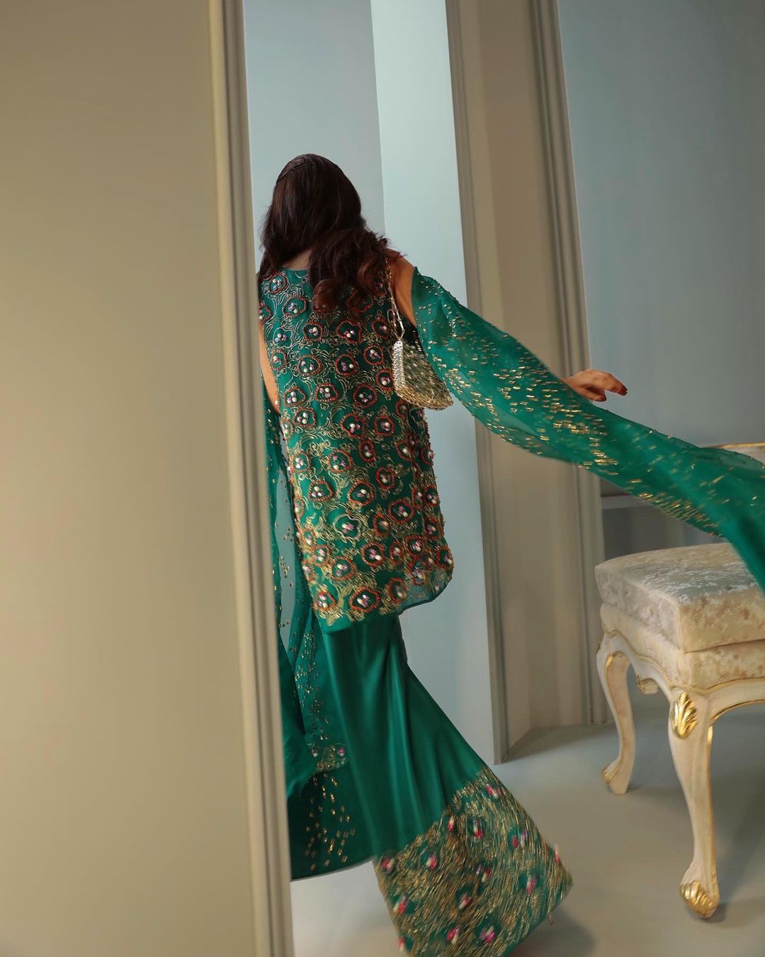 Sajal Ali -  Silver Green Embellished Organza Shirt, Trouser with Dupatta | 70% OFF