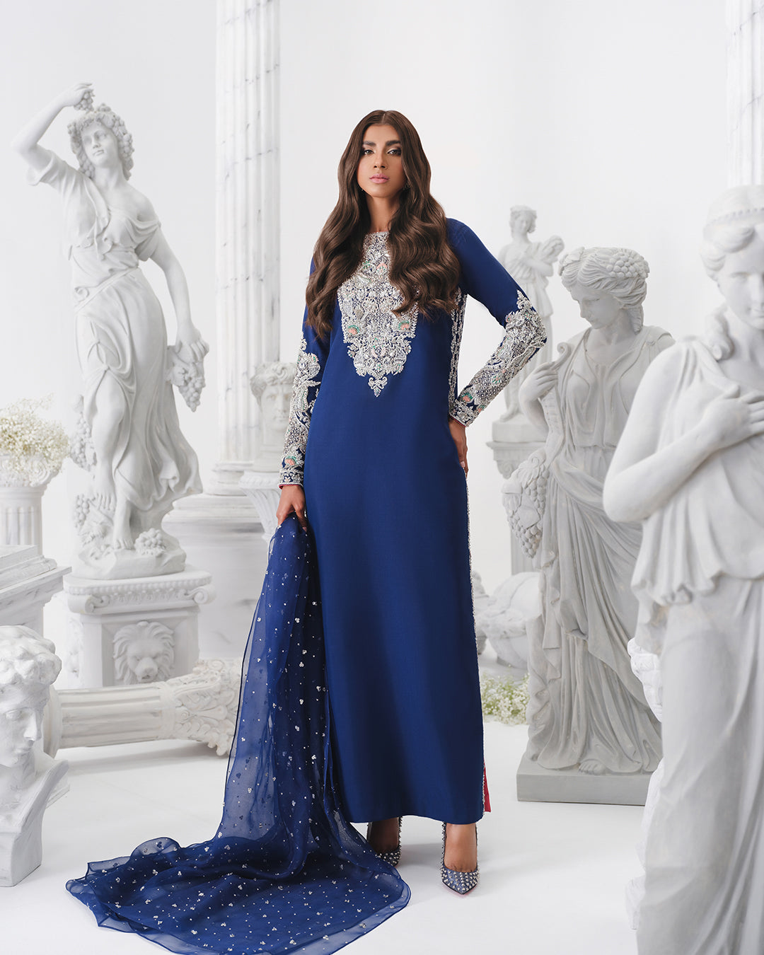 Aiza Awan - Embellished Blue Long Shirt, Trouser with Dupatta | 50% OFF
