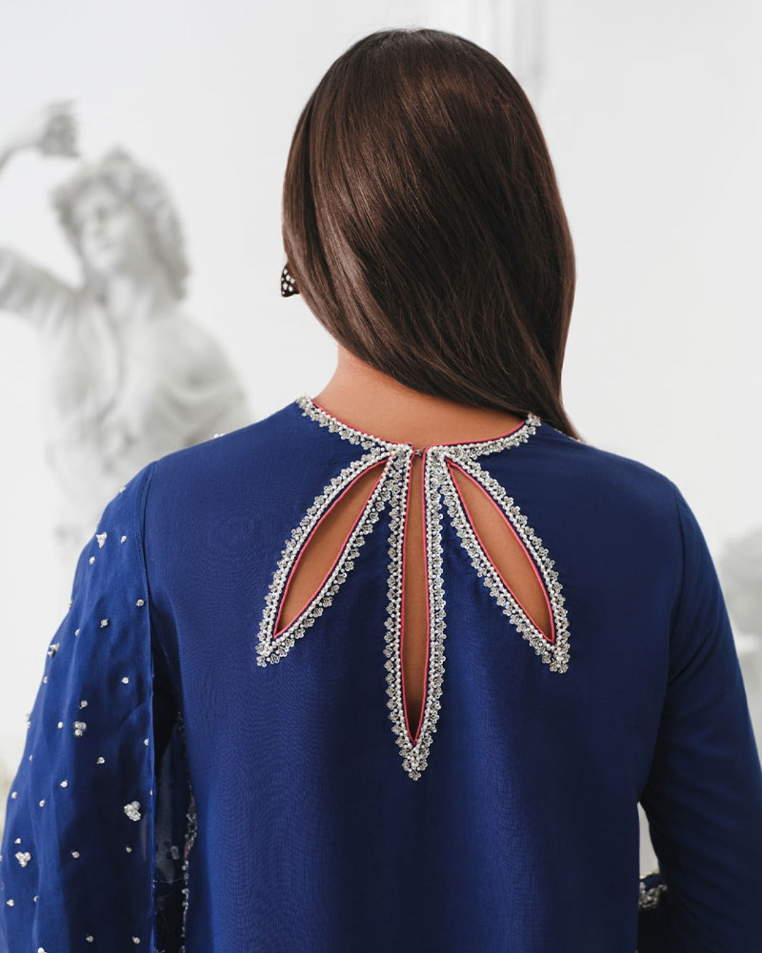 Aiza Awan - Embellished Blue Long Shirt, Trouser with Dupatta | 50% OFF