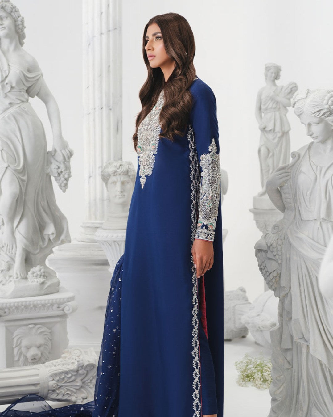 Aiza Awan - Embellished Blue Long Shirt, Trouser with Dupatta | 50% OFF