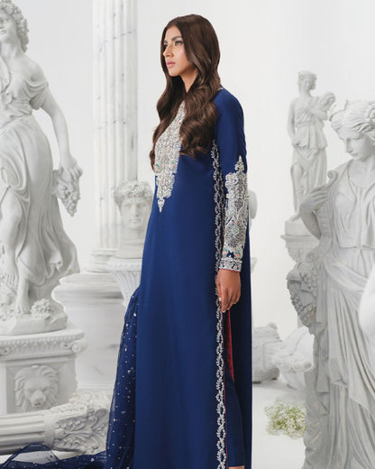 Aiza Awan - Embellished Blue Long Shirt, Trouser with Dupatta | 50% OFF