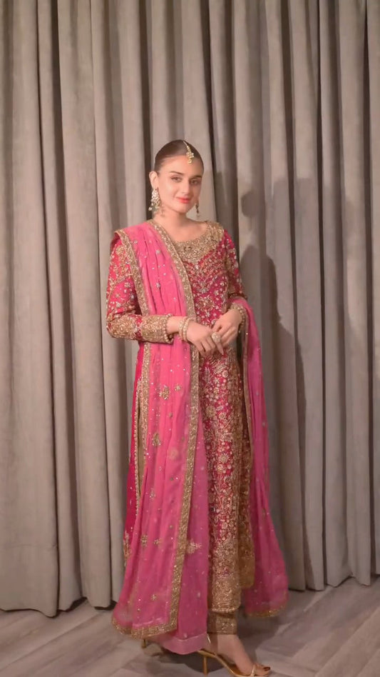 Hira Mani - Embroidered Rose Pink Long Shirt, Trouser and dupatta set | 50% OFF