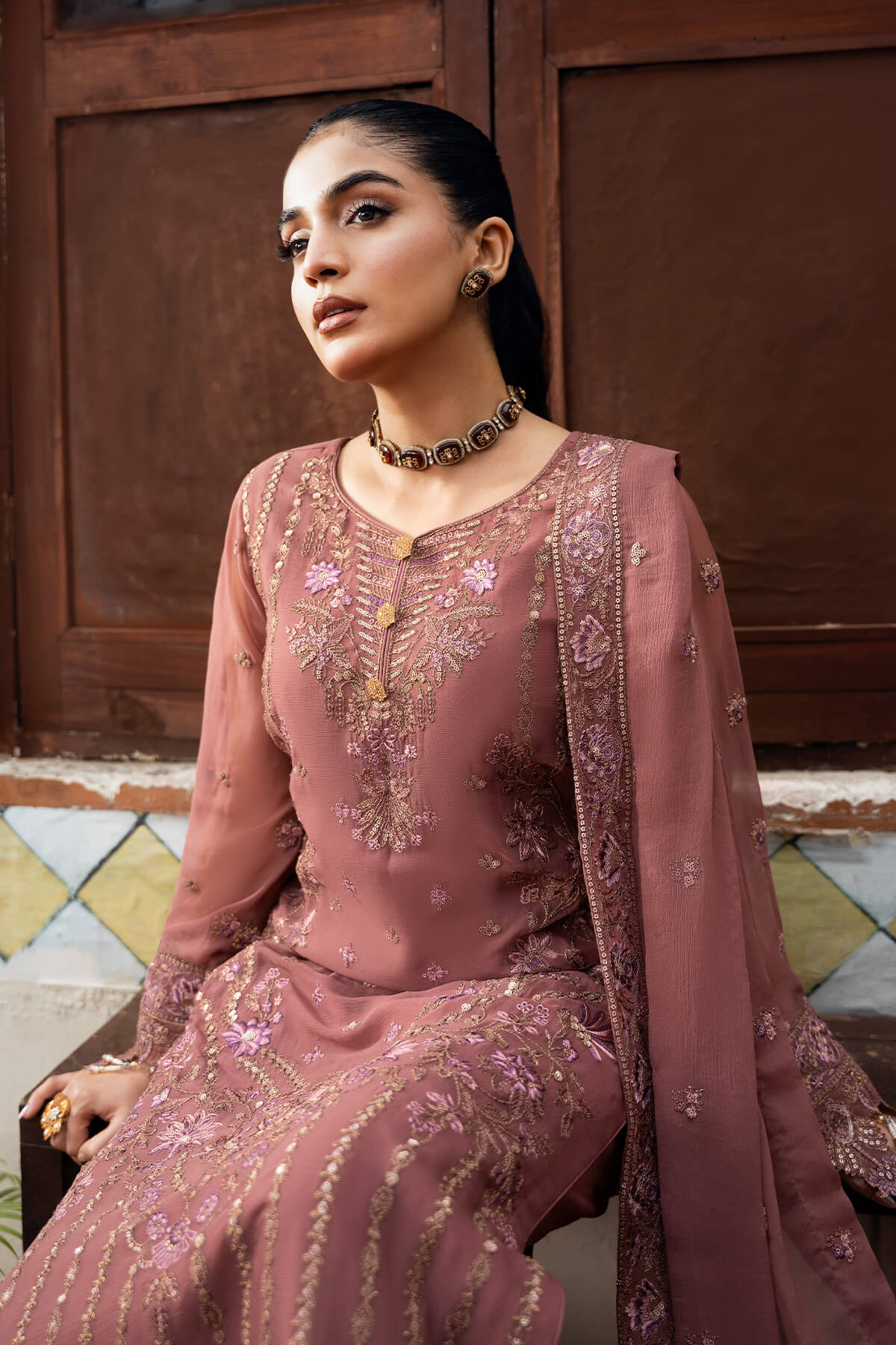 Laiba Khan -  Parnoor Long Shirt, Trouser and Dupatta | 50% OFF