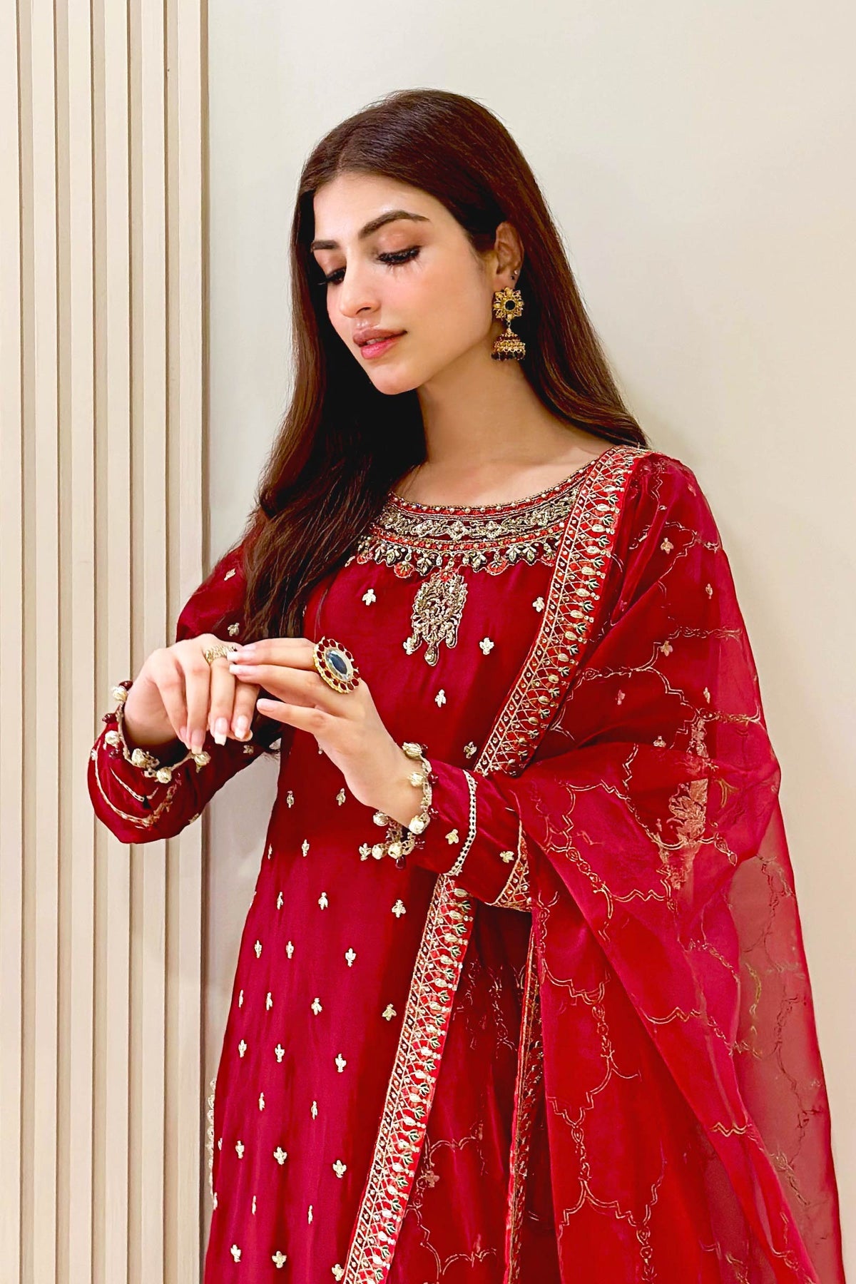 Kinza Hashmi - Embellished Maroon Shirt, Trouser with Dupatta - COD | 30% OFF