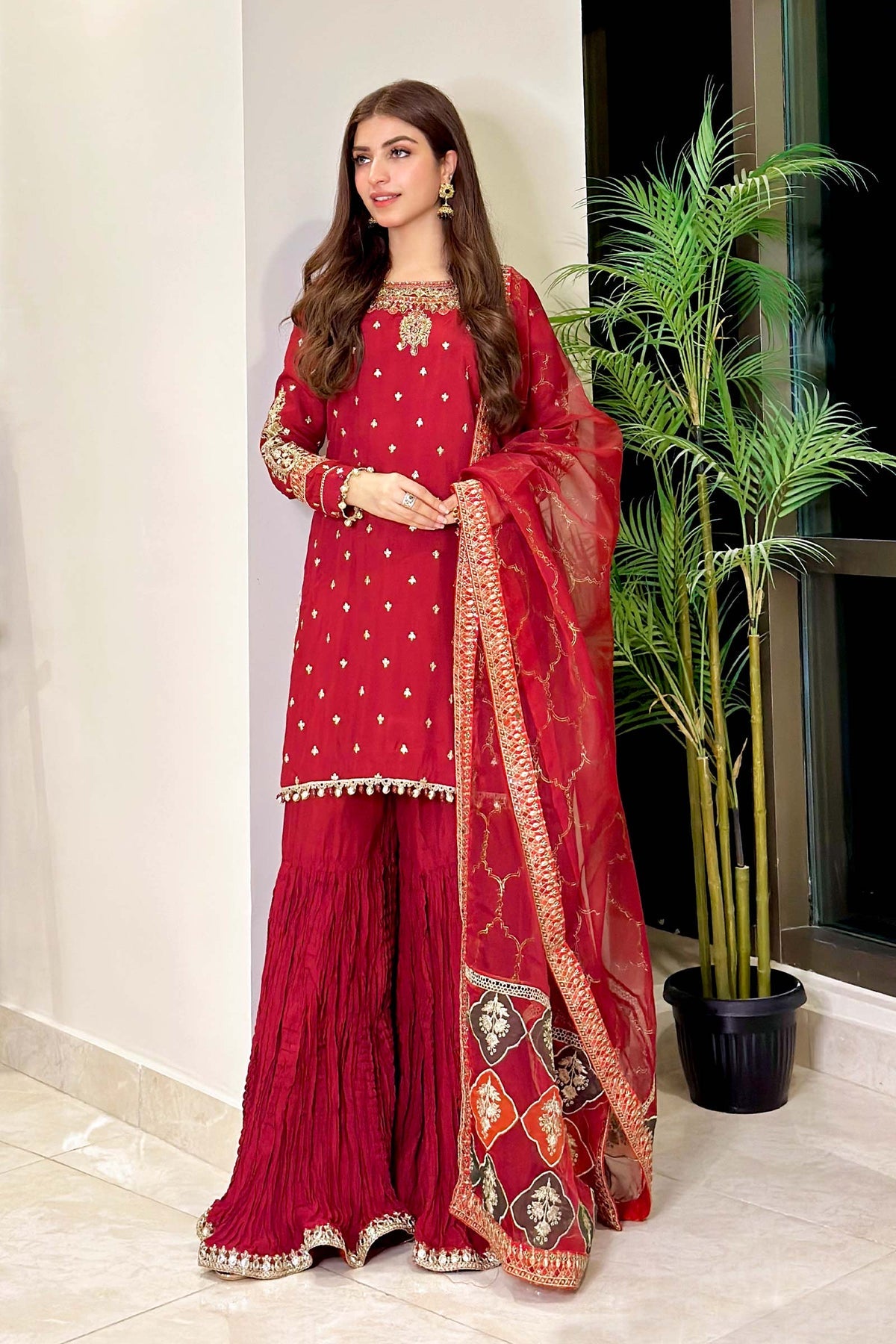 Kinza Hashmi - Embellished Maroon Shirt, Trouser with Dupatta - COD | 30% OFF