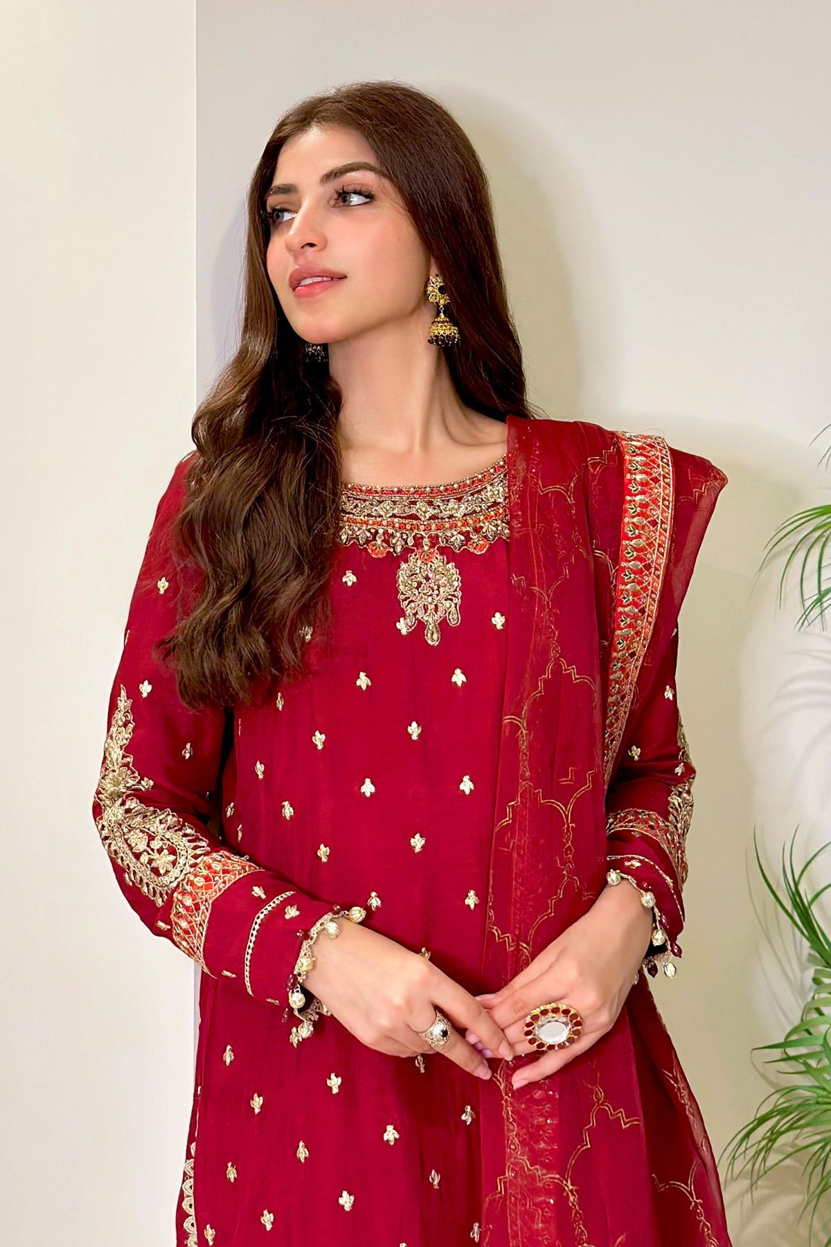 Kinza Hashmi - Embellished Maroon Shirt, Trouser with Dupatta - COD | 30% OFF