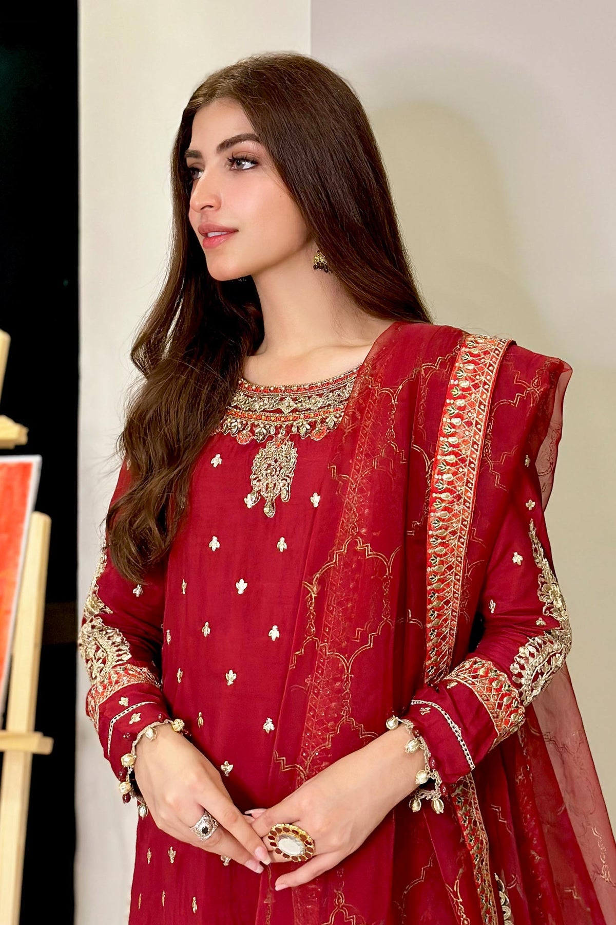 Kinza Hashmi - Embellished Maroon Shirt, Trouser with Dupatta - COD | 30% OFF