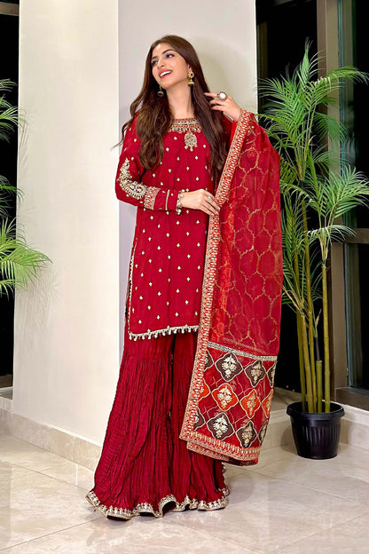 Kinza Hashmi - Embellished Maroon Shirt, Trouser with Dupatta - COD | 30% OFF