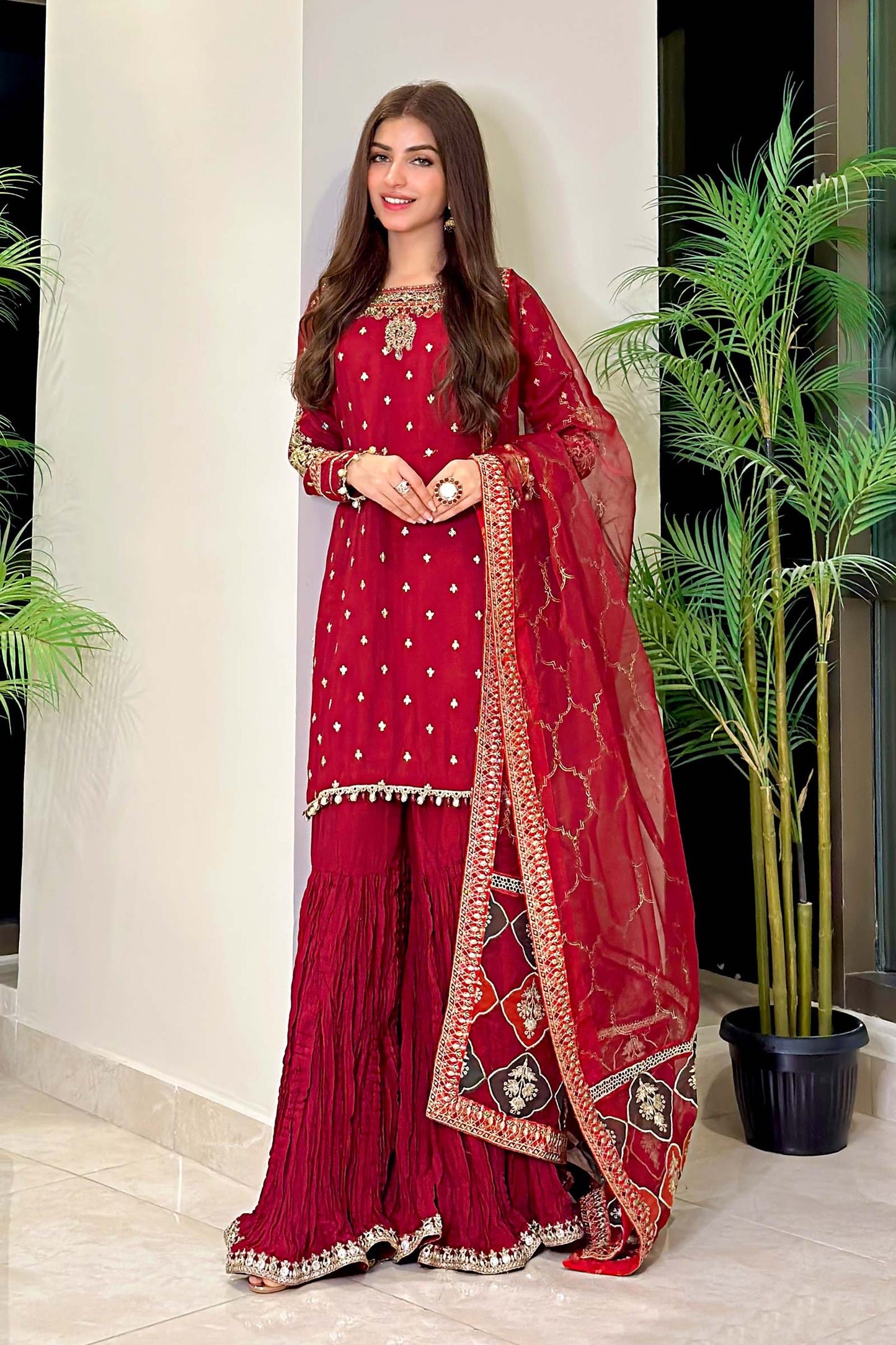 Kinza Hashmi - Embellished Maroon Shirt, Trouser with Dupatta - COD | 30% OFF